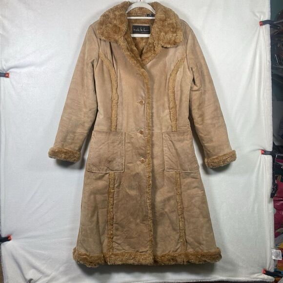 Nicole Miller Jackets & Blazers - Vintage Nicole Miller Suede Leather Faux Shearling Long Coat Tan Y2K Women’s M